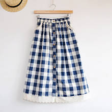 Falda Midi larga de estilo japonés para mujer, falda Kawaii de encaje con retazos, falda a cuadros con botones y cintura alta, estilo Mori Girl 2024 - compra barato
