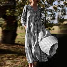 2021 Autumn Elegant Check Sundress ZANZEA Casual V Neck Long Vestidos Women Long Sleeve Plaid Maxi Dress Female Robe Plus Size 2024 - buy cheap