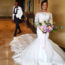 H333 Свадебные платья с длинным рукавом и юбкой-годе, 2021, белое Тюлевое кружевное платье с аппликацией, платья невесты в Дубае, Африке, арабском стиле 2024 - купить недорого