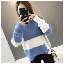 2020 New Autumn Winter Korean Fashion Pullover Sweater Women Loose Plus Velvet Color Matching Round Neck Knit Sweaters Female 2024 - buy cheap