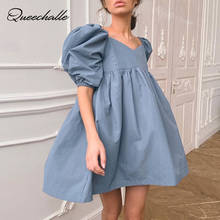 Streetwear Puff Sleeve Dress Women's Light Blue V-neck A-line Short Dress New 2021 Spring Female Sexy Summer Mini Dress Party 2024 - buy cheap