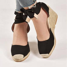 Sandalias de tacón alto con plataforma para mujer, zapatos femeninos de cuña, con cordones en el tobillo, estilo Gladiador, de paja, a la moda, talla 43 2024 - compra barato