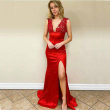 Vestido de festa com cauda de sereia, vermelho, decote em v, aplique de cetim, sem costas, noite, personalizado, 2020 2024 - compre barato