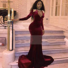 Burgundy Velvet Prom Dress Modest Arabic Africa V Neck Long Sleeves Appliqued Formal Party Gown Custom Made Plus Size 2024 - buy cheap