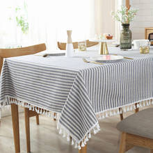 Strips Tablecloth with White Balls Rectangle Tablecloth with Tassel Cotton Linen Table Cloth for Home Dinner Tea Table Cover 2024 - buy cheap