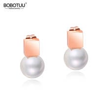 BOBOTUU Square Geometric Stud Earring For Women Titanium Steel Rose Gold Color Simulated Pearl Earrings Jewelry Brincos BE17074 2024 - buy cheap