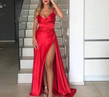 Vestidos de noche rojo sirena de satén, largos y sexys, con abertura y cuello en V, longitud hasta el suelo, cremallera en la espalda, vestidos de fiesta formales para mujer 2024 - compra barato