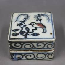 Antique porcelain blue and white underglaze red flowers and birds square printing clay box 2024 - buy cheap