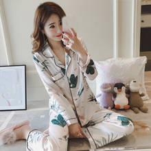 Женская шелковая пижама с длинными рукавами + штаны, комплект из 2 предметов, Пижама для сна, ночная рубашка с цветочным принтом, Осень-зима 2024 - купить недорого