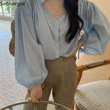 Blusa de manga larga con cuello en V para mujer, Camisa lisa y elegante con botones, estilo coreano, Ulzzang Chic, combina con todo 2024 - compra barato