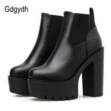 Gdgydh New Black Leather Womens Boots Spring Autumn Basic Solid Color Ladies High Heeled Shoes Platform Square Heel Model Party 2024 - buy cheap