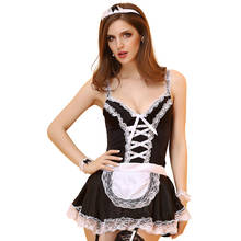 Sexy Maid Costume Tempation Mini Dress Women Strap Low Lace Short Erotic Cosplay Outfit Deep Plunge V Neck Halloween For Girls 2024 - buy cheap