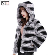 Lady chinchilla fur overcoat women winter thick warm genuine rex rabbit fur jacket with hooded striped lovely brand fur coats 2024 - buy cheap