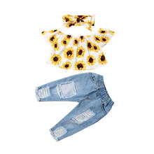 Kids Baby Girl Yellow Sunflower Blouse Tops Denim Ripped Pants Jeans Outfits Set Clothes Summer 2024 - buy cheap