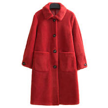 Chaqueta de piel de oveja Real para mujer, abrigo de lana 100% con Cuello de piel de zorro, chaquetas largas coreanas de talla grande, MY 2024 - compra barato