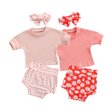 3 pçs bebê meninas roupas de verão, manga curta tripulação pescoço costela malha topos + calções florais + conjunto de bandana 6m-3t 2024 - compre barato
