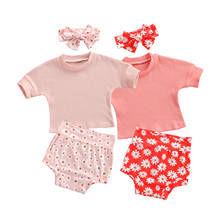 3PCS Baby Girls Summer Clothes, Short Sleeve Crew Neck Rib Knit Tops + Floral Shorts + Headband Set 6M-3T 2024 - buy cheap