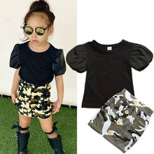 Conjunto de ropa de verano para niña pequeña, Tops de manga corta abombada, minifalda con estampado de camuflaje, 2 uds. 2024 - compra barato