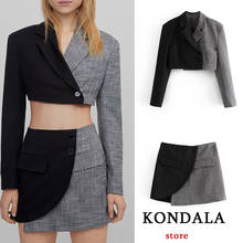 KONDALA Women's Blazer Za Fashion 2021 Vintage Patchwork v Neck Jackets Female Pockets England Style Short Blazer Mujer Tops 2024 - buy cheap