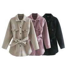 Women 2021 Fashion With Belt Loose Woolen Jacket Coat Vintage Long Sleeve Side Pockets Female Outerwear Chic Overcoat 2024 - buy cheap
