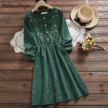 Women Shirt Dress Autumn Winter Corduroy Midi Dress Elegant Floral Embroidery Dress 2019 Mori Girl Vintage Party Dresses 2024 - buy cheap