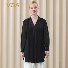 VOA Jacquard Silk Mysterious Black Open Edge Kimono Collar Single-breasted Long Sleeve Shirt BE396 Women Tops Stylish Clothes 2024 - buy cheap