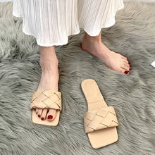 Rimocy Fashion Weave Leather Beach Slippers Women Summer 2021 Comfort Soft Flat with Sandals Woman Square Toe Flip Flops Mujer 2024 - buy cheap