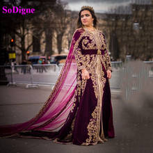 SoDigne Moroccan Caftan Arabic Evening Dress With Cape Appliques Gold Lace Formal Dress Long Sleeve Velvet Prom Women Gowns 2024 - buy cheap