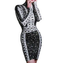 Shining Black Diamonds Striped Women Dresses Long Sleeve Tight Stretch Short Dresses Nigthclub Singer Dance Stage Show Wear 2024 - buy cheap
