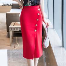 Женские офисные юбки на пуговицах, элегантная облегающая черная юбка большого размера с высокой талией, одежда в Корейском стиле, зимняя длинная красная юбка, 2021 2024 - купить недорого