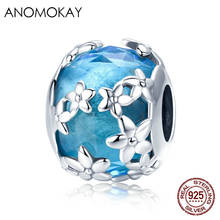 Anomokay 100% 925 Sterling Silver Blue CZ Round Charm S925 Silver Daisy Flower Bead Charm fit Bracelet Bangle DIY Jewelry Making 2024 - buy cheap