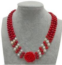 3 Rows 7-8mm White Freshwater Pearls & Red Coral Beads Flower Clasp Necklace (17"-19") 2024 - buy cheap