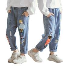 Calças jeans para meninas primavera outono adolescentes crianças preto azul desenho animado cintura elástica calças jeans 4 5 6 7 8 9 10 11 12 13 14 anos 2024 - compre barato