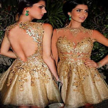 Sexy Gold Short Cocktail Dresses Sheer Neck Sleeveless Appliques Beaded Tulle Illusion Mini Open Back Evening Party Dress Prom 2024 - buy cheap