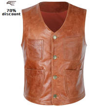 2020 Light Brown Men Four Pockets Casual Leather Vest Genuine Cowhide Autumn Slim Fit Short Natural Leather Vest FREE SHIPPING 2024 - buy cheap