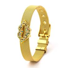 High Quality Stainless Steel Bangle Gold Color Micro Pave Cubic Zircon CZ lip Spacer Bead Watch Belt Bracelet 6 Sizes Adjustable 2024 - buy cheap