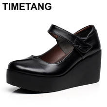 TIMETANG2019-zapatos de plataforma de cuero para mujer, cuñas con correa en el tobillo, tacones altos negros, zapatos de punta redonda, 2019 2024 - compra barato