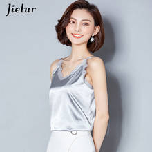 Jielur-Camiseta de retazos de encaje para mujer, Top Sexy con cuello en V, sin mangas, básico Vintage, Tops plateados, camiseta femenina 2024 - compra barato
