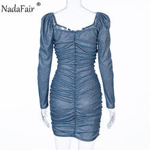 Nadafair сексуальное платье с открытыми плечами мини вечерние платье Для женщин 2020 весеннее платье с длинными рукавами, рюшами и облегающее Клубное платье с блестками платья 2024 - купить недорого