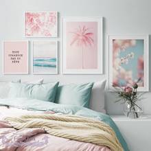 Pintura em tela de flor rosa para sala, pintura de parede, arte impressa, palmeira, mar, onda, flor de cerejeira, imagens para sala de estar 2024 - compre barato