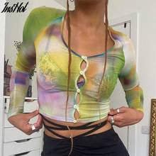 Tie Dye Mesh See Through T-Shirts Women Long Sleeve Buttons Up Slim Crop Tops Summer Sexy Streetwear Casual Club Ourfits 2021 2024 - buy cheap