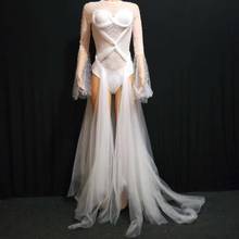 Feminino malha branco pérola dança bodysuit perspectiva trailing vestido vestido de festa wear macacão ver através de roupa host vestir vestir dj 2024 - compre barato