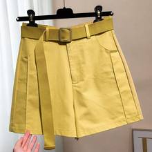 Korean Summer Fashion Ladies Womens Xxl Yellow White Black Shorts with Belt , Casual High Waist Wide Leg Shorts for Woman 2024 - buy cheap