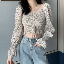 Camiseta informal bohemia de manga larga para mujer, Top corto fruncido con cordón, jerséis florales con cuello cuadrado de manga larga para verano y primavera 2024 - compra barato