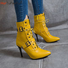 Autumn Winter 2022 Mid-Calf Boots Women Pointed Toe Super High and Thin Heel Shoes Buckle Cross-Tied Decorate Size 3~19 Footwear 2024 - buy cheap