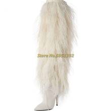 Feather White Winter Boots Sexy Pointed Toe Thin High Heel Over The Knee White Leather Hairy Runway Dress Long Boots Custom Made 2024 - buy cheap