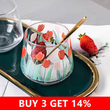 390ML Japan and South Korea Ins Hand-painted Tulip Flower Glass Cup Household Heat-resistant Drinking Cup Big Belly Mousse Cup 2024 - buy cheap