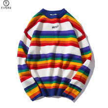 Мужской хлопковый свитер в стиле Харадзюку, Радужный трикотажный Полосатый пуловер в стиле ретро, уличная мода, весна 2020 2024 - купить недорого