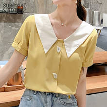 2022 Summer New Solid Color Splicing Sweet Ladies' Tops Short Sleeve Peter Pan Collar Front Button Chiffon Blouse Women 9094 50 2024 - buy cheap