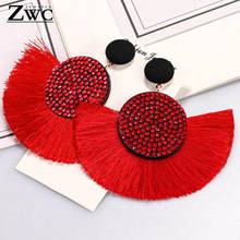 ZWC Fashion Bohemian Tassel Crystal Big Earrings Black White Red Silk Fabric Drop Dangle Statement Earrings For Women Jewelry 2024 - buy cheap